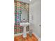 Bright half bath with pedestal sink, patterned wallpaper, and wood floors at 1048 Wharf Indigo Pl, Mount Pleasant, SC 29464