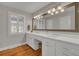 Bathroom features a double sink vanity, large mirror, white cabinets, wood floors and light fixtures at 1048 Wharf Indigo Pl, Mount Pleasant, SC 29464
