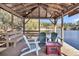Beautiful Riverbreeze lake view from covered pier with chairs and bench seating at 6294 Highway 165, Ravenel, SC 29470