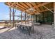 Inviting outdoor brick patio with picnic table and ample seating beneath a pergola, perfect for entertaining at 215 Fell Pt, Daniel Island, SC 29492