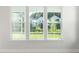 View from the home's window overlooks a green lawn, trees, and community pond at 420 Queen View Ln, Charleston, SC 29414