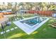 Aerial view of a backyard with a sparkling pool, lounge chairs, and manicured artificial turf at 676 Sterling Dr, Charleston, SC 29412