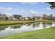 Scenic backyard pond surrounded by green lawns with neighborhood homes in the background under a partly cloudy sky at 412 Hainesworth Dr, Charleston, SC 29414