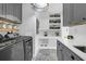 Modern laundry room features patterned tile floor, gray cabinets, shelving, and a dog feeding station at 886 White Point Blvd, Charleston, SC 29412