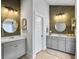 Modern bathroom with dual sinks, wood accent wall, and ample countertop space at 502 Pontoon Rd, Huger, SC 29450