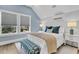 Bright bedroom with large windows, blue accent wall, and stylish decor at 213 Amberjack Ln, Charleston, SC 29492
