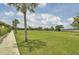 View of the community green featuring lush grass, mature palm trees, and a glimpse of the waterfront at 2516 Willbrook Ln, Mount Pleasant, SC 29466