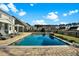 Featuring a serene pool area with lounge seating, stone accents, and lush landscaping in the backyard at 402 Spectrum Rd, Summerville, SC 29486