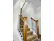 Carpeted staircase with wood railing and iron spindles, blending functionality with style at 402 Spectrum Rd, Summerville, SC 29486