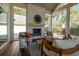Comfortable screened porch with fireplace, outdoor seating, and views of the surrounding landscape at 499 Lackland Ct, Mount Pleasant, SC 29464