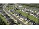 Aerial view of a residential neighborhood featuring well-maintained homes, streets, and a community pool at 593 Red Monarch Way, Moncks Corner, SC 29461