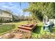 Backyard boasts a brick fire pit, blue patio furniture, and lush bamboo accents at 941 Law Ln, Mount Pleasant, SC 29464
