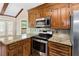 Cozy kitchen boasts granite counters, stainless steel oven and microwave, wood cabinets, and modern design elements at 108 Nightingale Manor, North Charleston, SC 29418