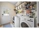 Clean laundry room with modern washer and dryer, white cabinets, wire shelving and convenient access door at 136 Stagecoach Ln, Summerville, SC 29483