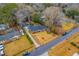 Wide aerial shot of the property nestled among trees, with street access and nearby homes at 2410 Trent St, Charleston, SC 29414