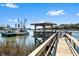Scenic dock view with gazebo overlooking the water, boats, and a clear blue sky at 127 Oak St, McClellanville, SC 29458