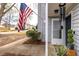 Quaint townhouse porch featuring an American flag, dark door, and lush greenery at 1662 Hunters Run Dr, Mount Pleasant, SC 29464