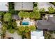 Aerial shot showcasing a private pool, manicured landscaping, and a charming outdoor dining area at 18 Logan St, Charleston, SC 29401
