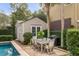 Charming backyard featuring a shed, dining table, and lush landscaping at 18 Logan St, Charleston, SC 29401