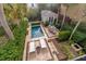 Aerial view of private backyard oasis with pool, lounging area, and lush landscaping at 18 Logan St, Charleston, SC 29401