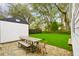 Inviting backyard features a well-maintained lawn, shed, and quaint table set for outdoor relaxation and entertaining at 2166 Welch Ave, Charleston, SC 29412