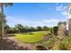 Lush green lawn of backyard, with manicured garden beds, palms, and a view of the home's exterior at 2238 Catesbys Blf, Seabrook Island, SC 29455