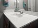 Close up on a bathroom vanity with a white countertop, a chrome faucet, and dark wood cabinets at 615 Ravens Wood Rd, Summerville, SC 29486