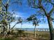Beautiful view of the waterfront framed by mature trees, featuring a pier, boats, and a clear blue sky at 130 River Landing Drive # 8209, Charleston, SC 29492