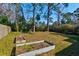 Lush backyard with mature trees, green grass, and raised garden beds at 1556 Larry St, North Charleston, SC 29405