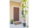 A welcoming front entrance with a brown door, potted plants, and beige siding at 8816 Kellum Dr, North Charleston, SC 29420