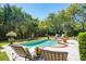 Lounge chairs near a pristine pool in a backyard oasis, perfect for relaxation and enjoying the outdoors at 935 Royall Ave, Mount Pleasant, SC 29464