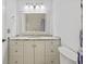 Bathroom featuring vanity with granite countertop, white cabinets, and well-lit mirror at 1288 Old Colony Rd, Mount Pleasant, SC 29464