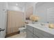 Bathroom showcasing a shower with decorative curtain, grey cabinets and a large mirror at 269 Firewheel Ct, Summerville, SC 29486