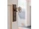 Close up of a vintage-style crystal doorknob and hardware at 6 Halsey St, Charleston, SC 29401