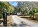 Long gravel driveway leads to a charming home, surrounded by lush trees and landscaping at 8834 Palmetto Rd, Edisto Island, SC 29438