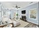 Inviting living room with fireplace, ceiling fan, light blue walls, modern furniture and lots of natural light at 129 E Hartwick Ln, Goose Creek, SC 29445