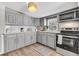 Bright kitchen with gray cabinets, marble backsplash, stainless steel appliances, and modern fixtures at 1987 Echo Ave, North Charleston, SC 29405