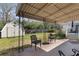 This shaded patio offers an outdoor space with seating on a brick floor, perfect for enjoying the backyard at 5332 Parkside Dr, North Charleston, SC 29405