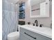 Bathroom including a vanity and shower with grey and blue towels at 106 Two Wood Ct, Summerville, SC 29483