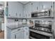 Modern kitchen featuring stainless steel appliances, herringbone backsplash, and gray cabinetry at 106 Two Wood Ct, Summerville, SC 29483