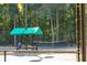 A glimpse of a tennis court bordered by lush trees showcasing a court-side shaded bench at 1425 Lagoon Park Cir, Mount Pleasant, SC 29466