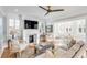 Bright living room with fireplace, wood floors, and comfortable seating, featuring a ceiling fan at 146 S Battery St, Charleston, SC 29401