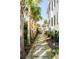 Stone path connecting the front and back yards alongside light-gray siding and shadowed palm trees at 146 S Battery St, Charleston, SC 29401