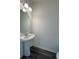 Stylish powder room features pedestal sink, modern lighting, and attractive wood-look floors at 2204 Scarlett Maple St, Summerville, SC 29486