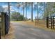 View of the house from the black iron gate along the paved driveway surrounded by large trees at 4801 Coon Club Rd, Meggett, SC 29449