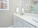 Bathroom vanity features a white countertop, cabinets, and a large mirror with a view of the glass-door shower at 1025 Riverland Woods Pl # 801, Charleston, SC 29412