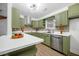 Modern kitchen with green cabinetry, stainless steel appliances, and stylish backsplash at 1114 Margaret Dr, Ladson, SC 29456