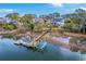 Aerial shot of a neighborhood on the water, featuring a long wooden dock and serene water views at 2040 Ashburton Way, Mount Pleasant, SC 29466