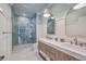 Chic bathroom with double vanity, marble countertop, and a glass-enclosed shower with beautiful blue tiling at 2040 Ashburton Way, Mount Pleasant, SC 29466