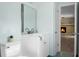 Bathroom with modern fixtures, vanity and view into living room with fireplace at 2901 Newport Pl, North Charleston, SC 29420